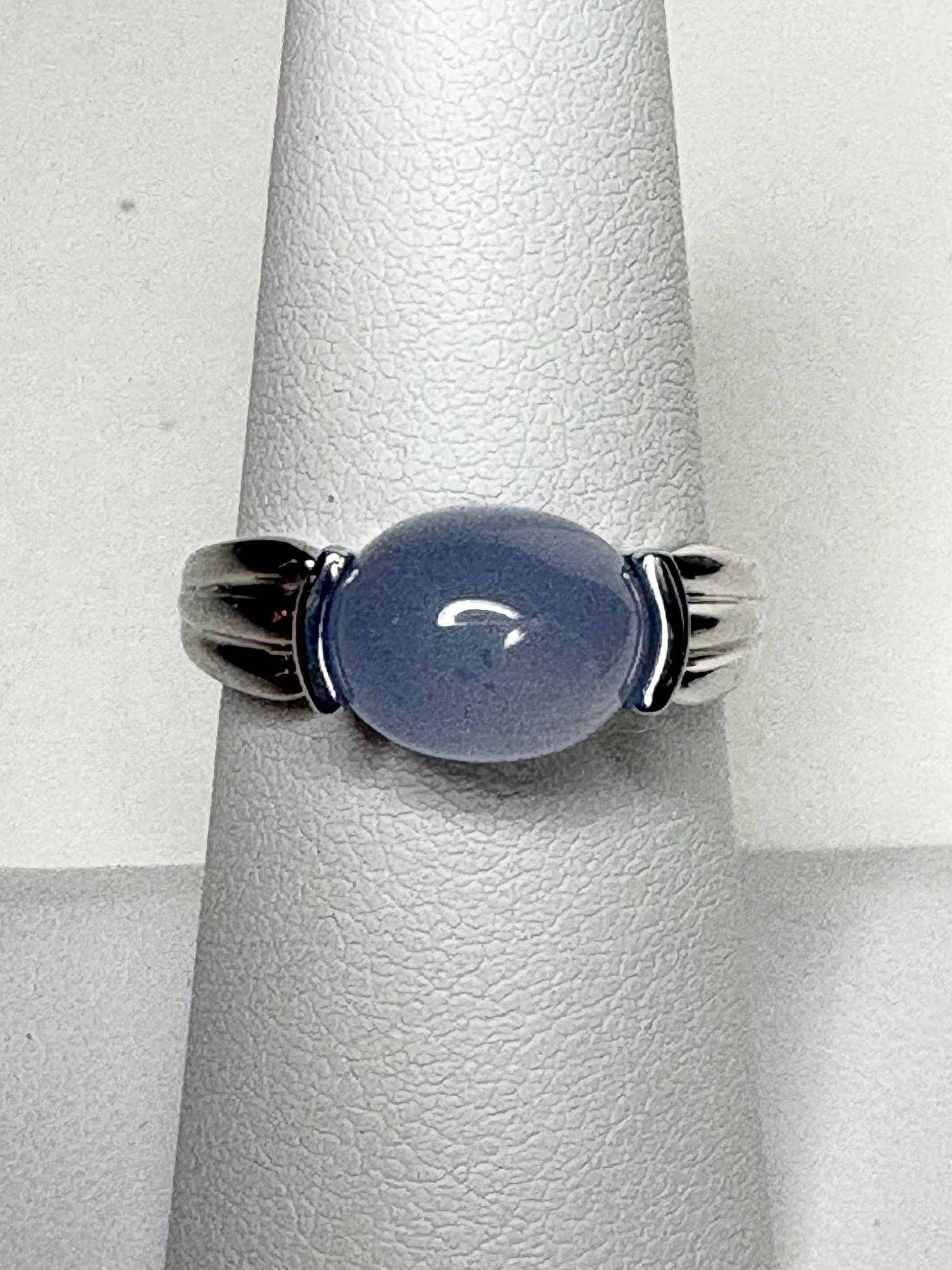 Natural Violet Blue Cabochon Chalcedony Band Ring Solid 14k White Gold size 6.5 - NewLifeJewelryVault