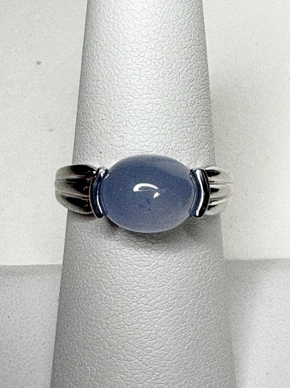 Natural Violet Blue Cabochon Chalcedony Band Ring Solid 14k White Gold size 6.5 - NewLifeJewelryVault