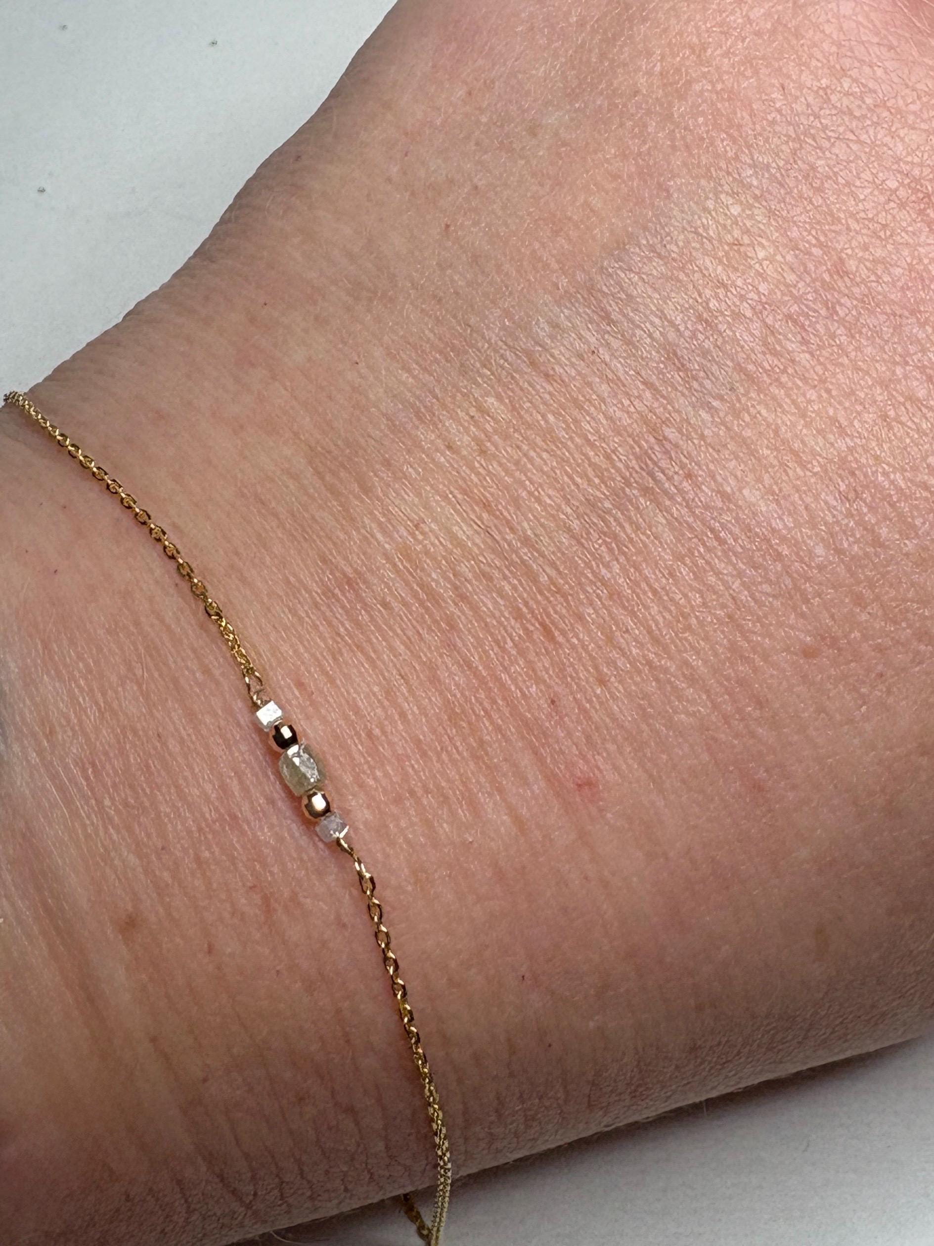 Natural Diamond Beaded Bracelet Solid 14k Gold 7.25" - NewLifeJewelryVault
