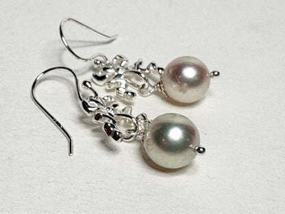 Japanese Akoya Cultured Pearl Drop Ribbon Bow Earrings Sterling Silver 8mm - NewLifeJewelryVault