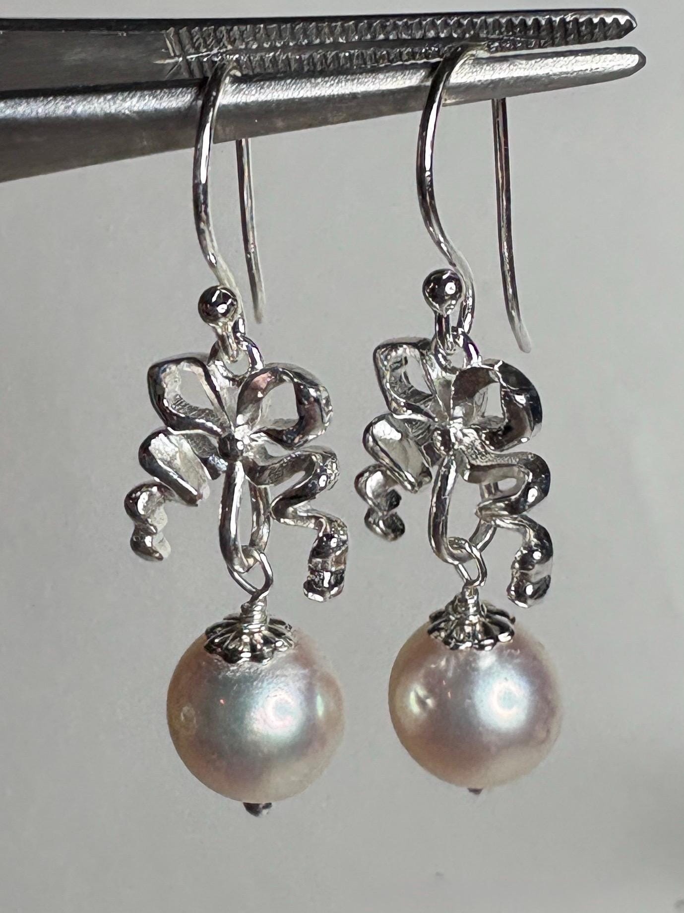Japanese Akoya Cultured Pearl Drop Ribbon Bow Earrings Sterling Silver 8mm - NewLifeJewelryVault