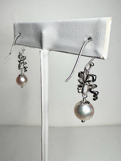 Japanese Akoya Cultured Pearl Drop Ribbon Bow Earrings Sterling Silver 8mm - NewLifeJewelryVault