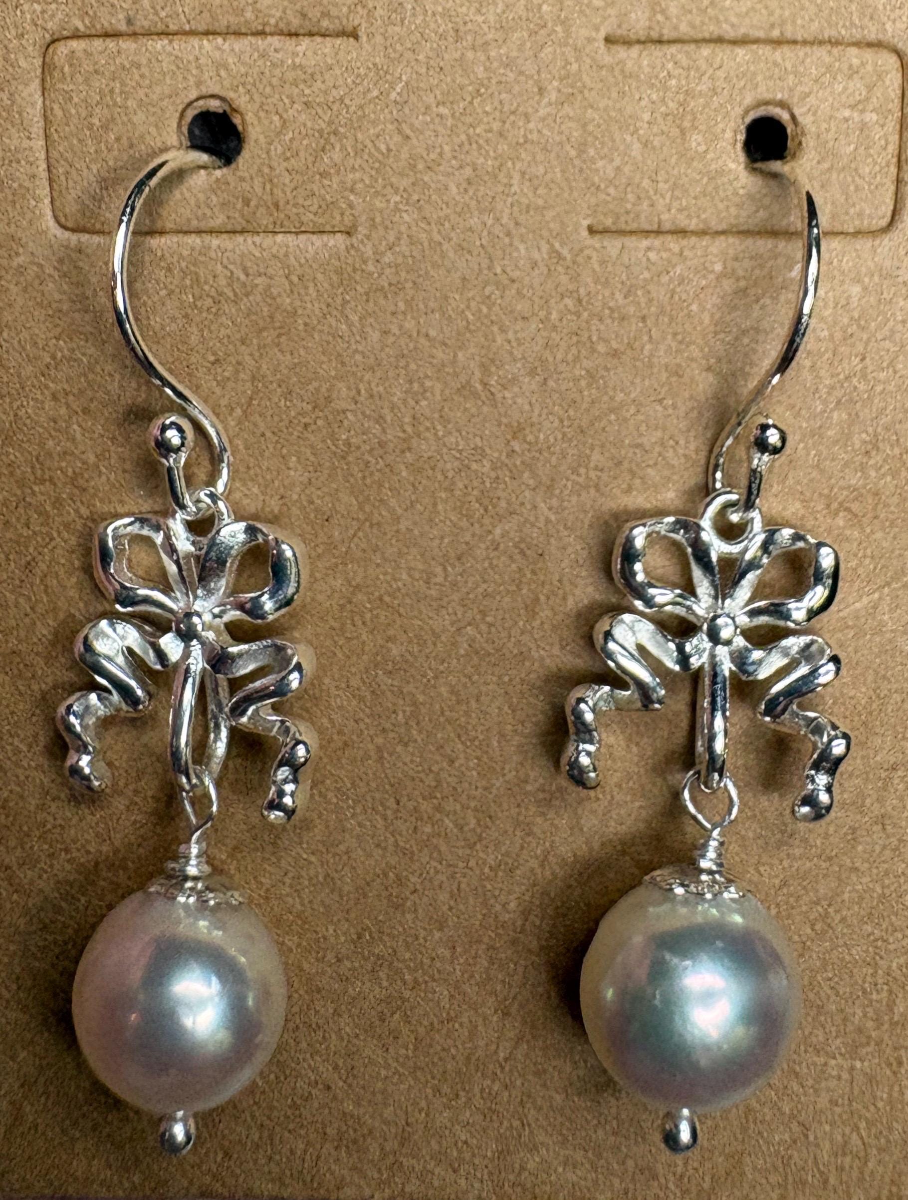 Japanese Akoya Cultured Pearl Drop Ribbon Bow Earrings Sterling Silver 8mm - NewLifeJewelryVault