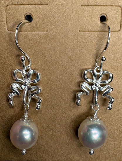 Japanese Akoya Cultured Pearl Drop Ribbon Bow Earrings Sterling Silver 8mm - NewLifeJewelryVault