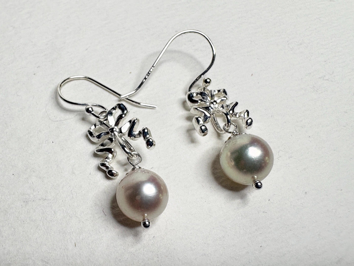Japanese Akoya Cultured Pearl Drop Ribbon Bow Earrings Sterling Silver 8mm - NewLifeJewelryVault