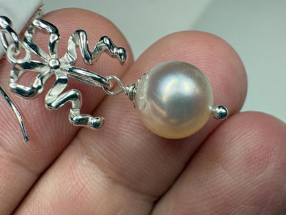 Japanese Akoya Cultured Pearl Drop Ribbon Bow Earrings Sterling Silver 8mm - NewLifeJewelryVault