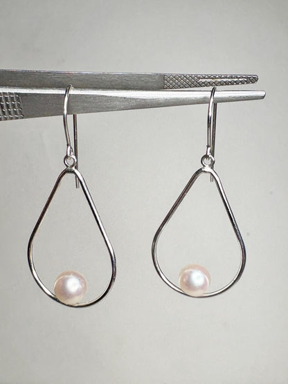 Akoya Cultured Pearl Open Tear Dangle Drop Earrings in Sterling silver 6.8mm - NewLifeJewelryVault