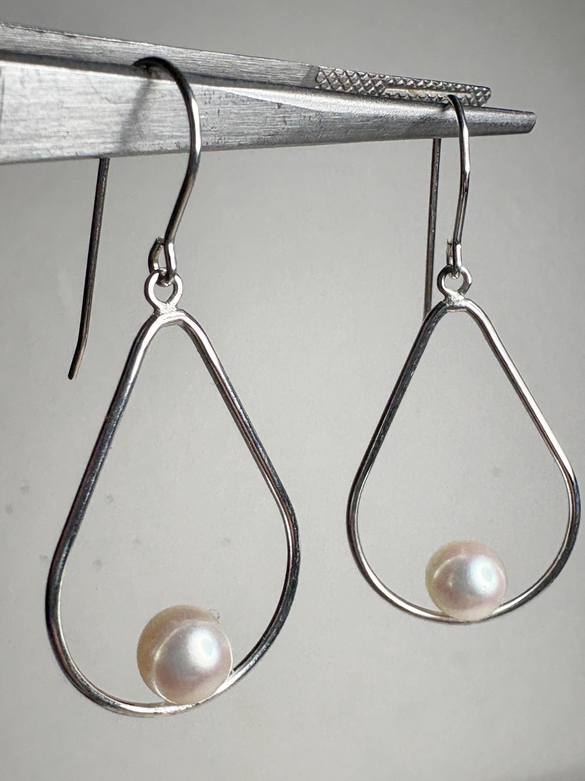 Akoya Cultured Pearl Open Tear Dangle Drop Earrings in Sterling silver 6.8mm - NewLifeJewelryVault