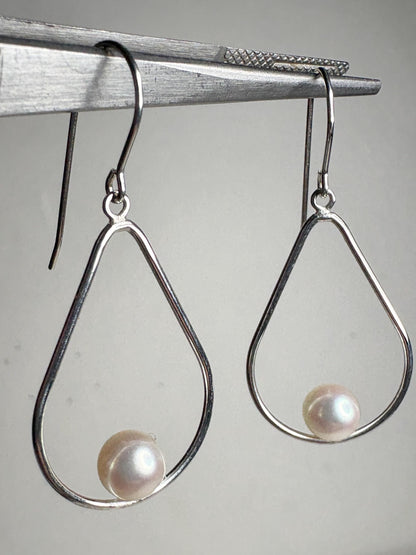 Akoya Cultured Pearl Open Tear Dangle Drop Earrings in Sterling silver 6.8mm - NewLifeJewelryVault