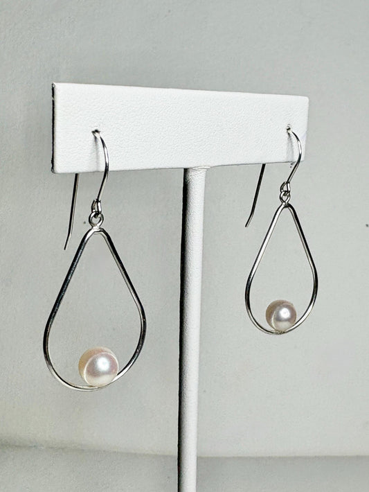 Akoya Cultured Pearl Open Tear Dangle Drop Earrings in Sterling silver 6.8mm - NewLifeJewelryVault