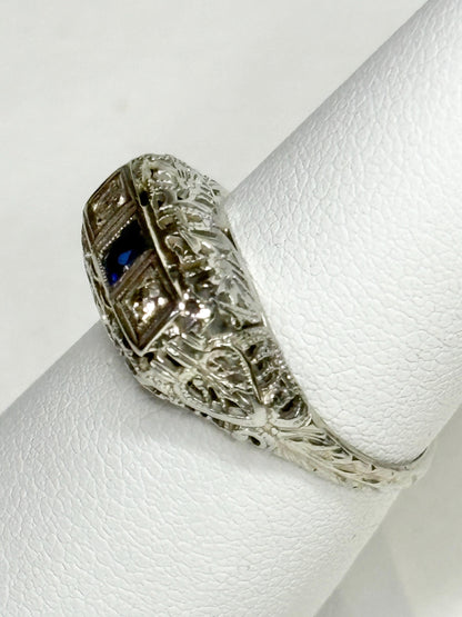 Art Deco Synthetic Sapphire Natural Diamond Band Ring Solid 18k White Gold size 6.5 - NewLifeJewelryVault
