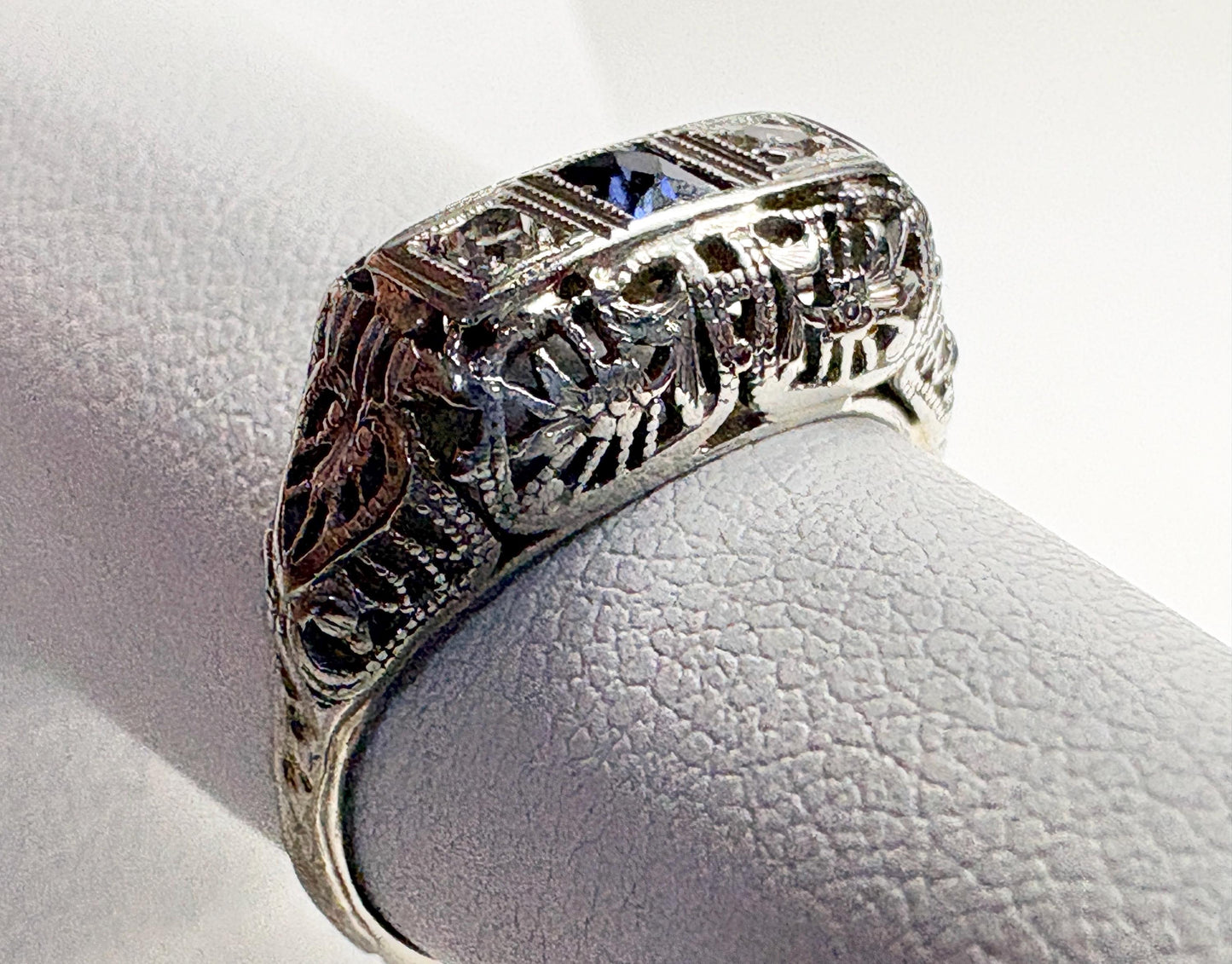 Art Deco Synthetic Sapphire Natural Diamond Band Ring Solid 18k White Gold size 6.5 - NewLifeJewelryVault