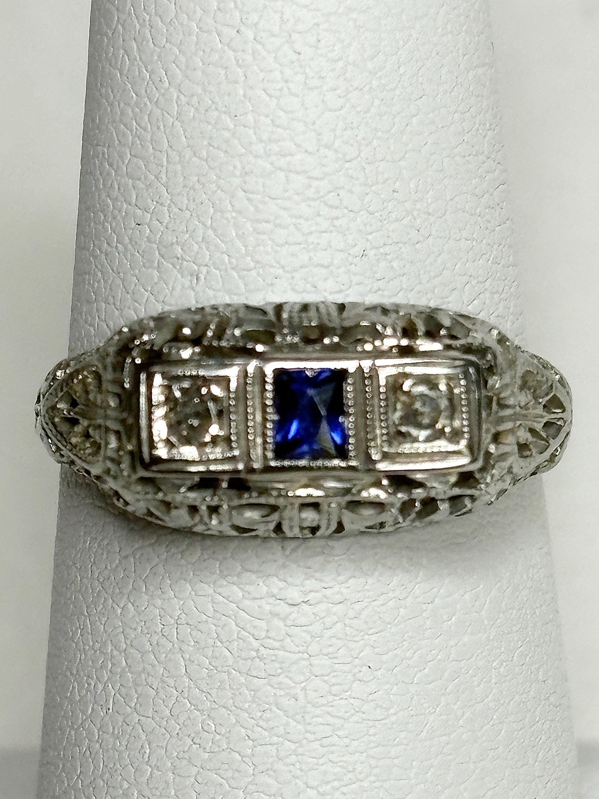 Art Deco Synthetic Sapphire Natural Diamond Band Ring Solid 18k White Gold size 6.5 - NewLifeJewelryVault