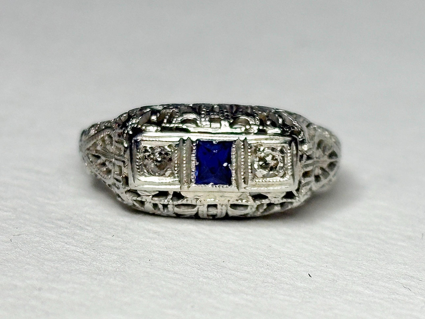 Art Deco Synthetic Sapphire Natural Diamond Band Ring Solid 18k White Gold size 6.5 - NewLifeJewelryVault