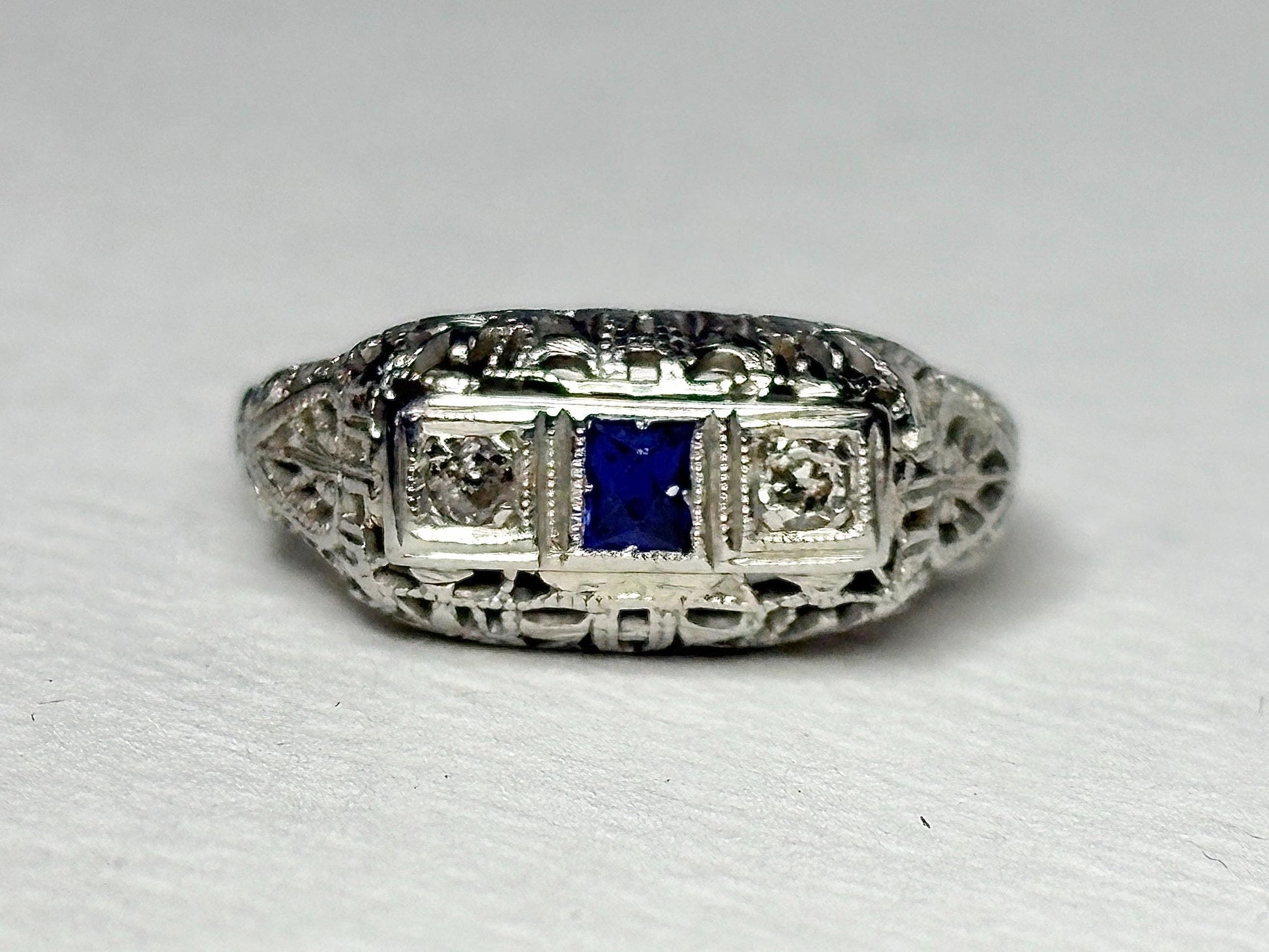 Art Deco Synthetic Sapphire Natural Diamond Band Ring Solid 18k White Gold size 6.5 - NewLifeJewelryVault