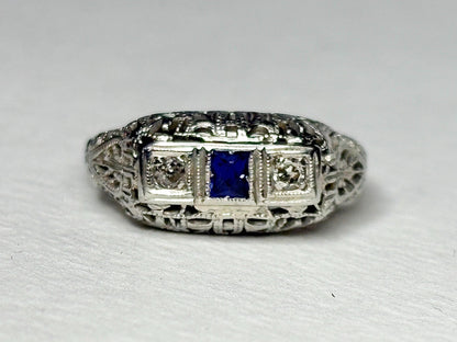 Art Deco Synthetic Sapphire Natural Diamond Band Ring Solid 18k White Gold size 6.5 - NewLifeJewelryVault