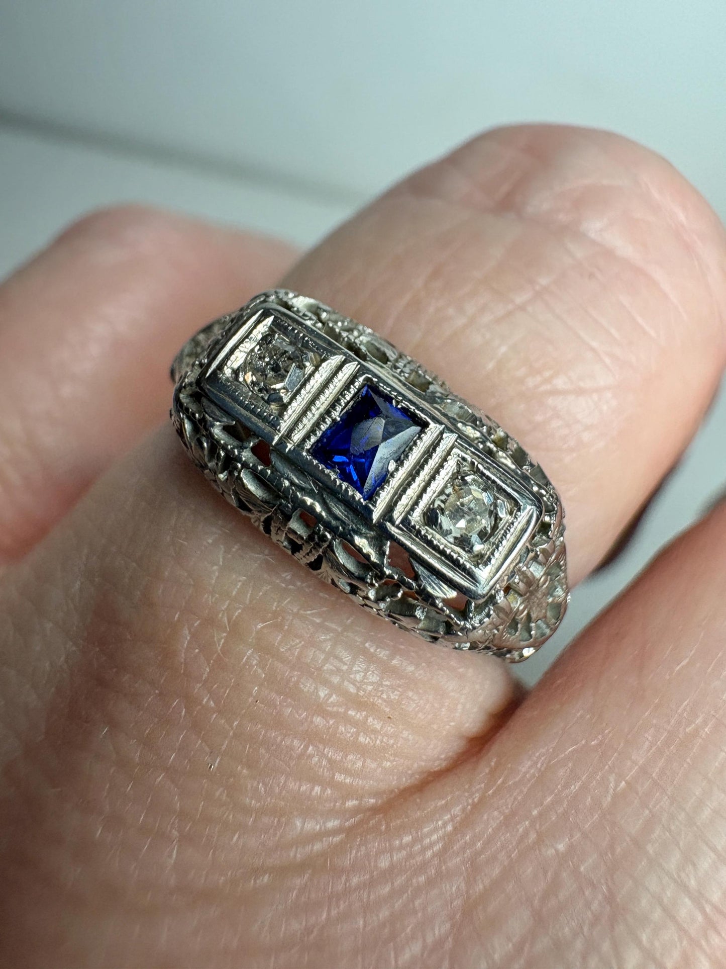 Art Deco Synthetic Sapphire Natural Diamond Band Ring Solid 18k White Gold size 6.5 - NewLifeJewelryVault