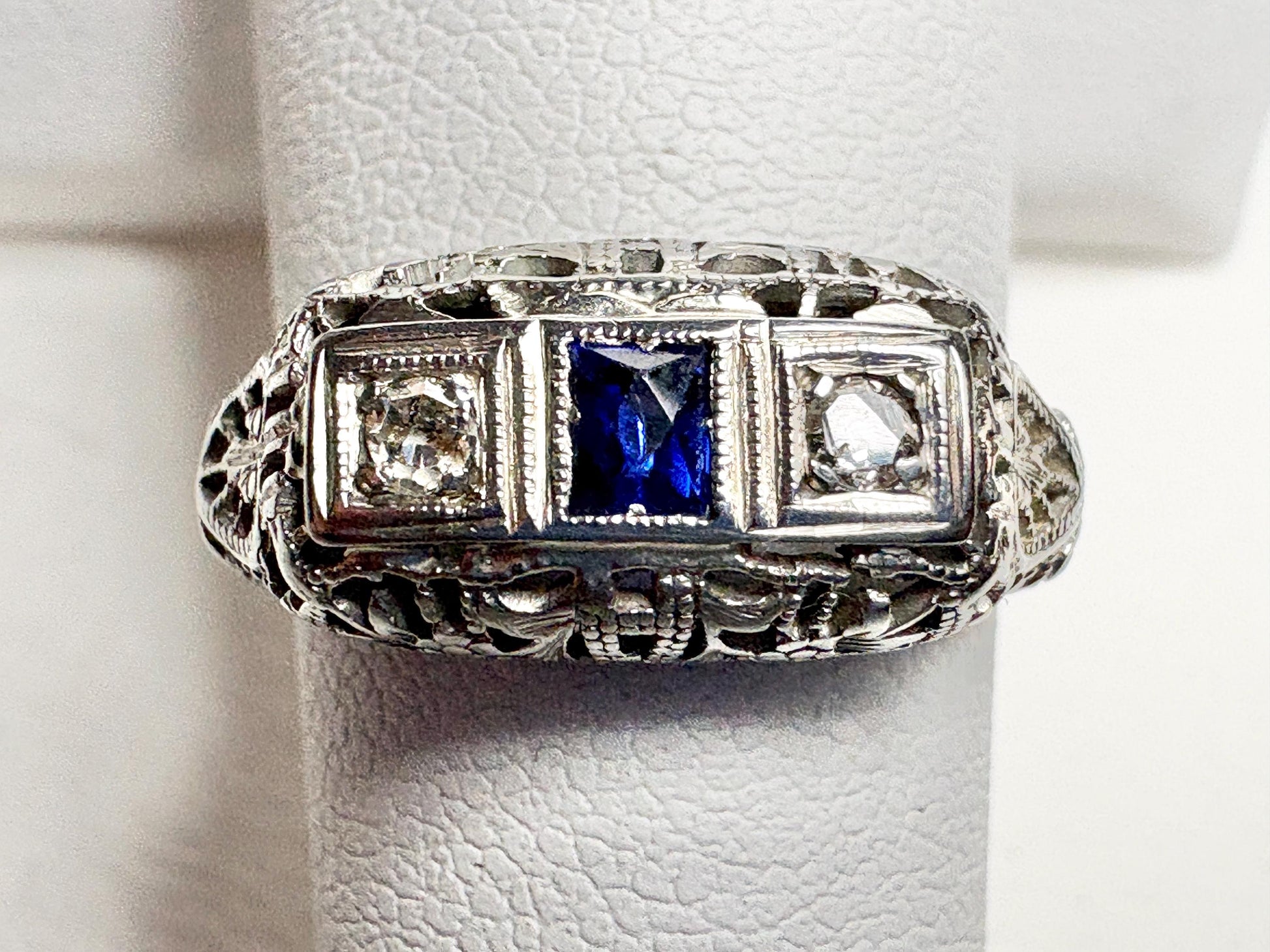 Art Deco Synthetic Sapphire Natural Diamond Band Ring Solid 18k White Gold size 6.5 - NewLifeJewelryVault
