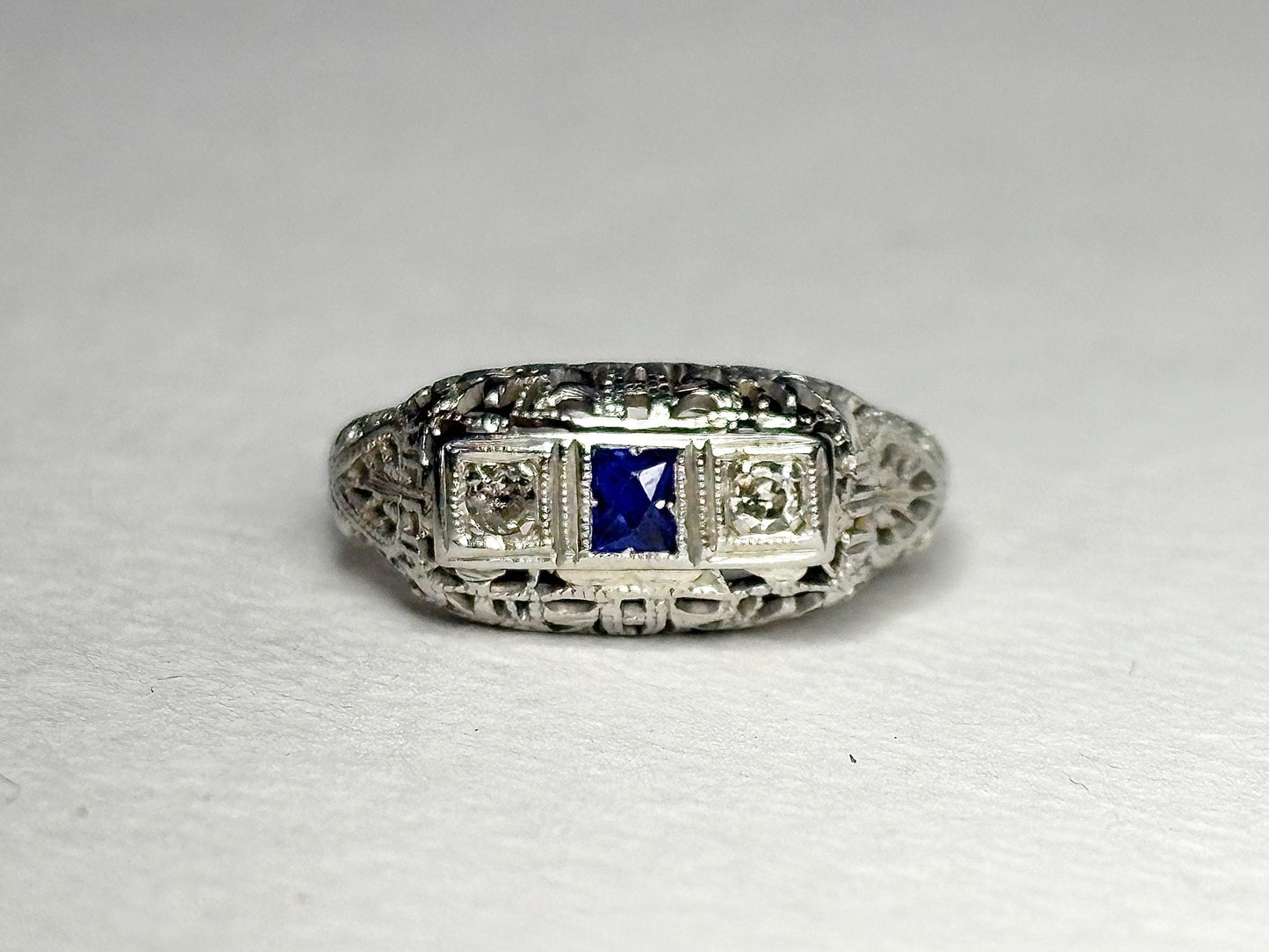 Art Deco Synthetic Sapphire Natural Diamond Band Ring Solid 18k White Gold size 6.5 - NewLifeJewelryVault