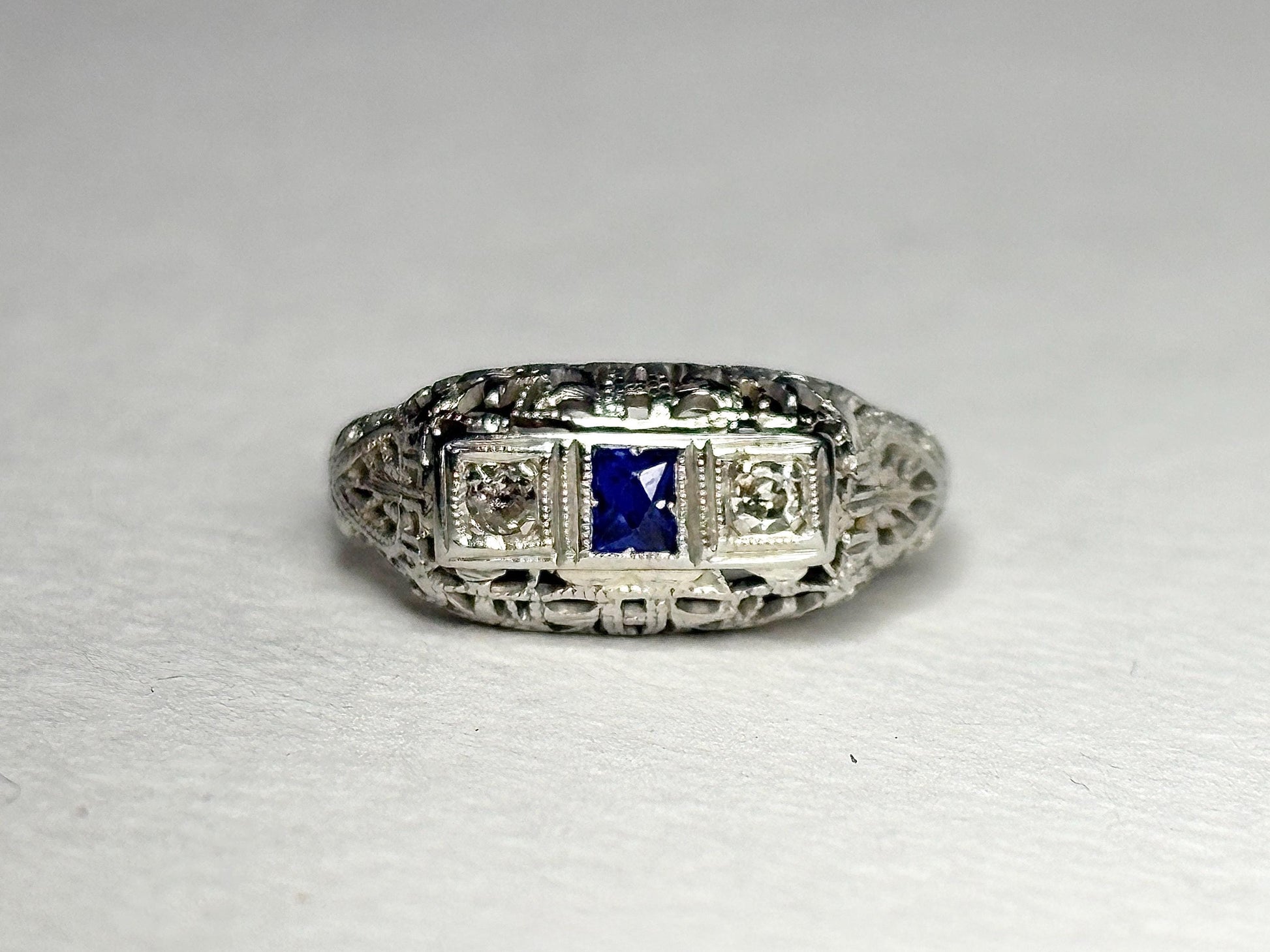 Art Deco Synthetic Sapphire Natural Diamond Band Ring Solid 18k White Gold size 6.5 - NewLifeJewelryVault