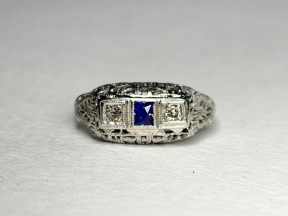 Art Deco Synthetic Sapphire Natural Diamond Band Ring Solid 18k White Gold size 6.5 - NewLifeJewelryVault