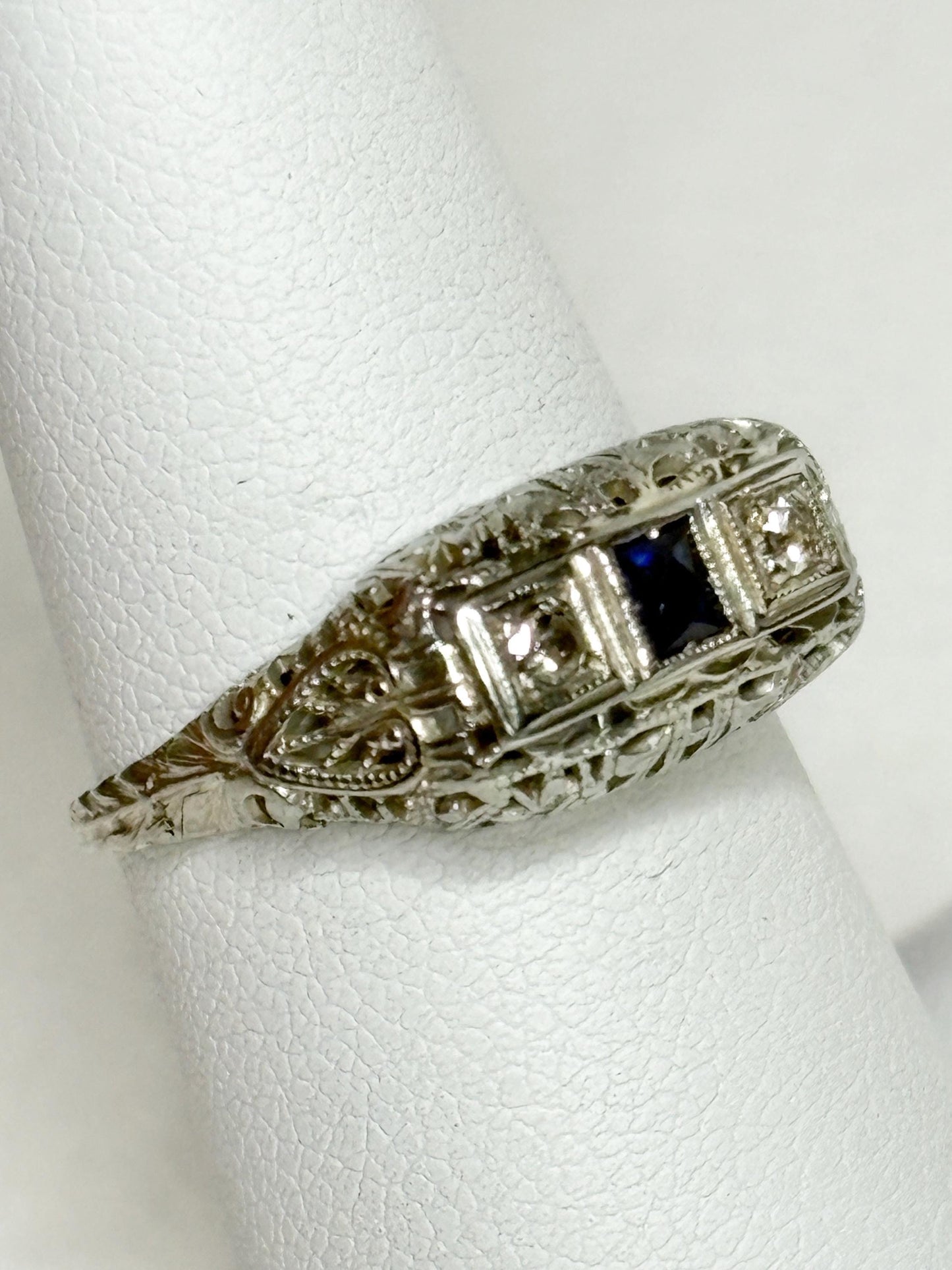Art Deco Synthetic Sapphire Natural Diamond Band Ring Solid 18k White Gold size 6.5 - NewLifeJewelryVault