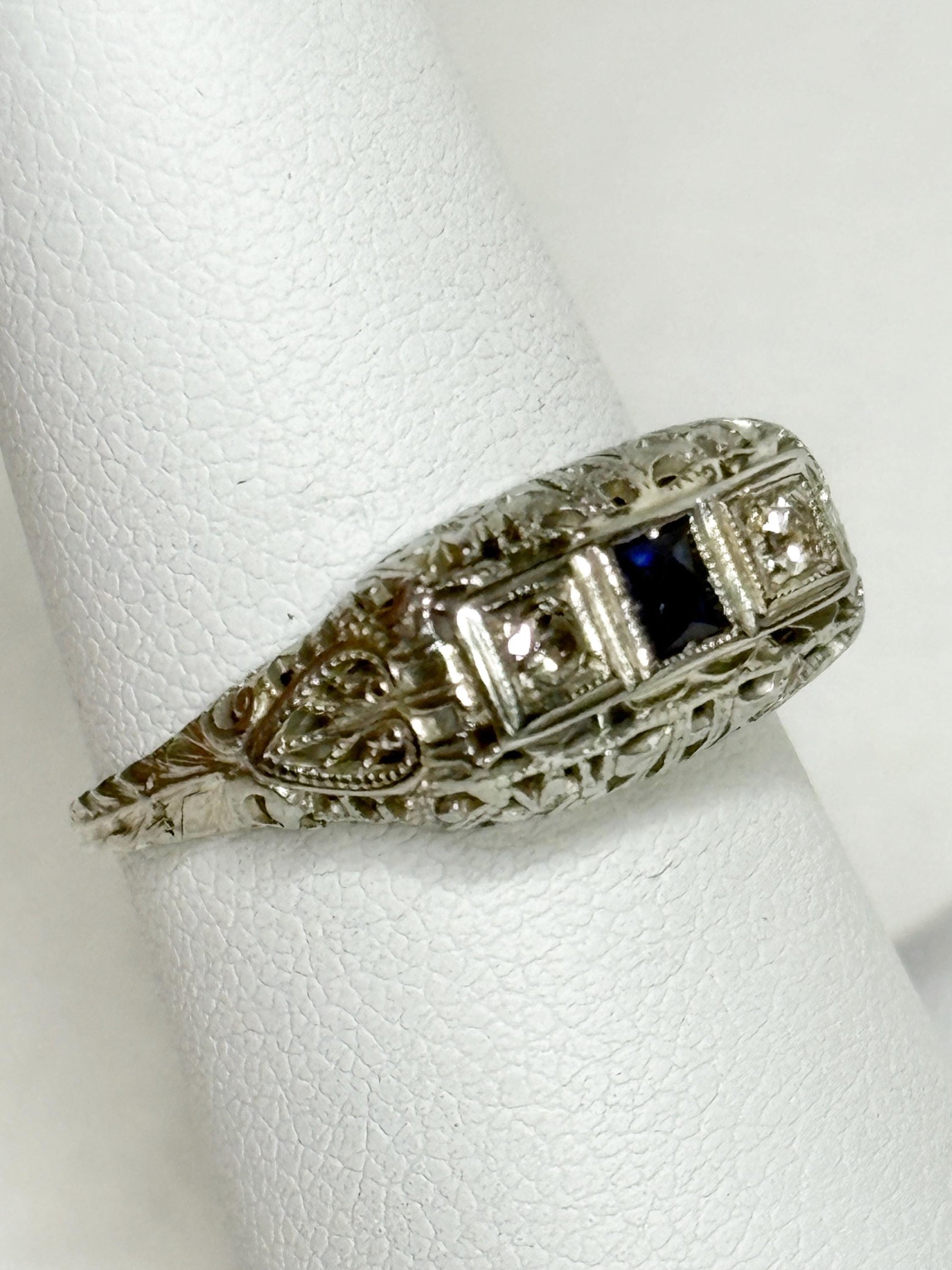 Art Deco Synthetic Sapphire Natural Diamond Band Ring Solid 18k White Gold size 6.5 - NewLifeJewelryVault