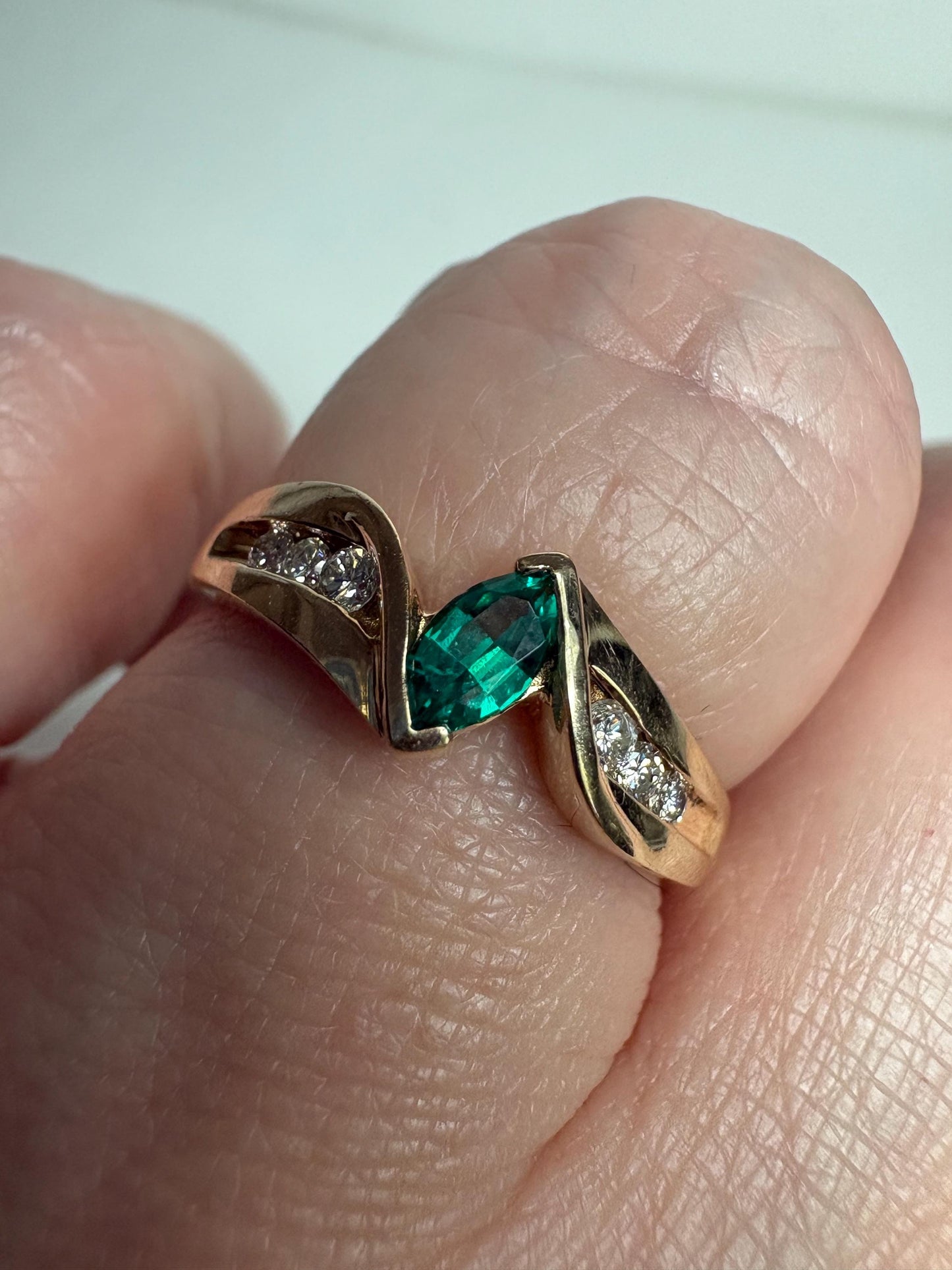 Marquise Synthetic Lab Emerald and Natural Diamond Ring in Solid 10k Gold size 7.25 - NewLifeJewelryVault