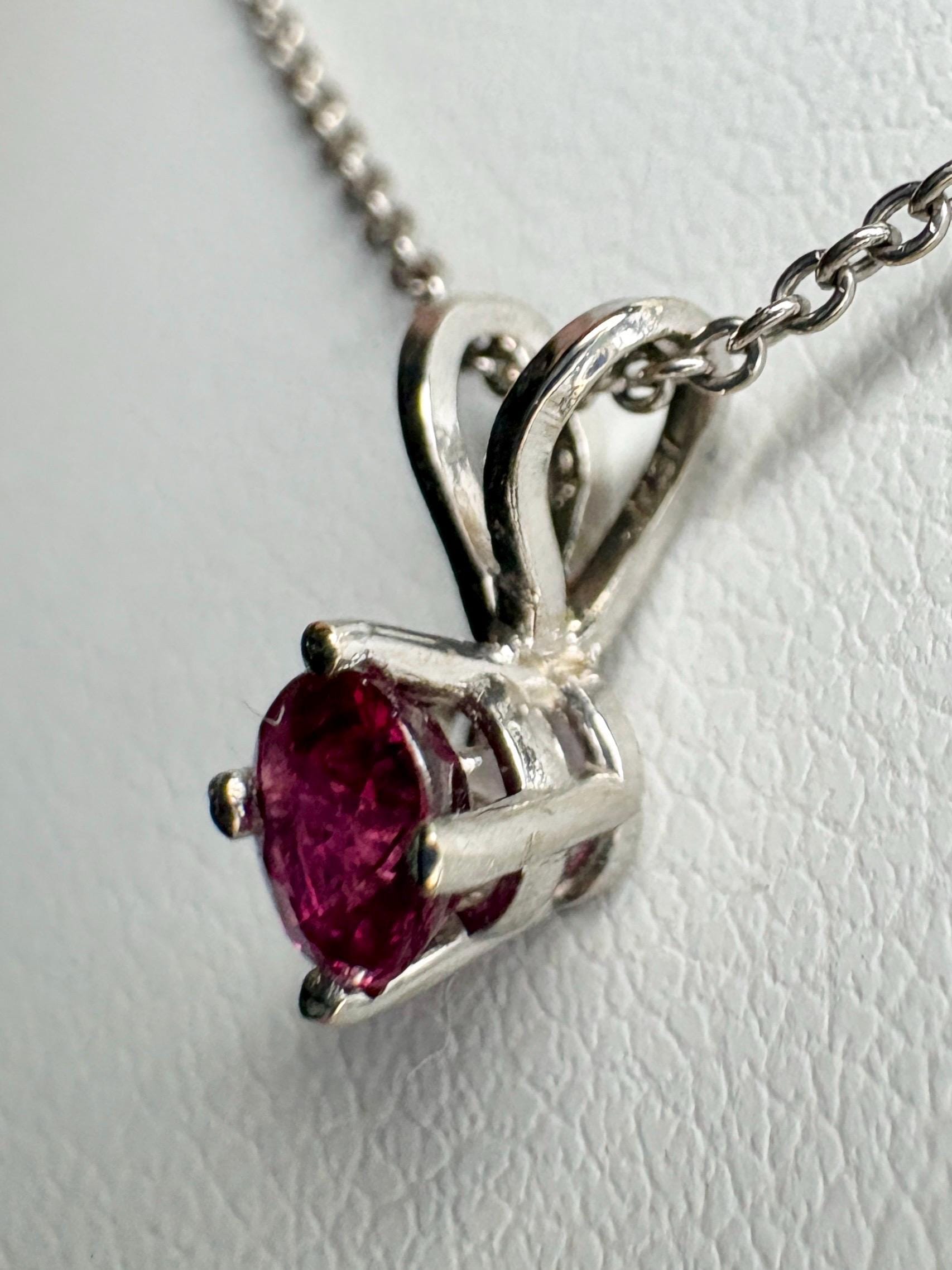 Ruby Solitaire Pendant Necklace Solid 14k White Gold and 18k Adjustable Chain 16-17.5" - NewLifeJewelryVault