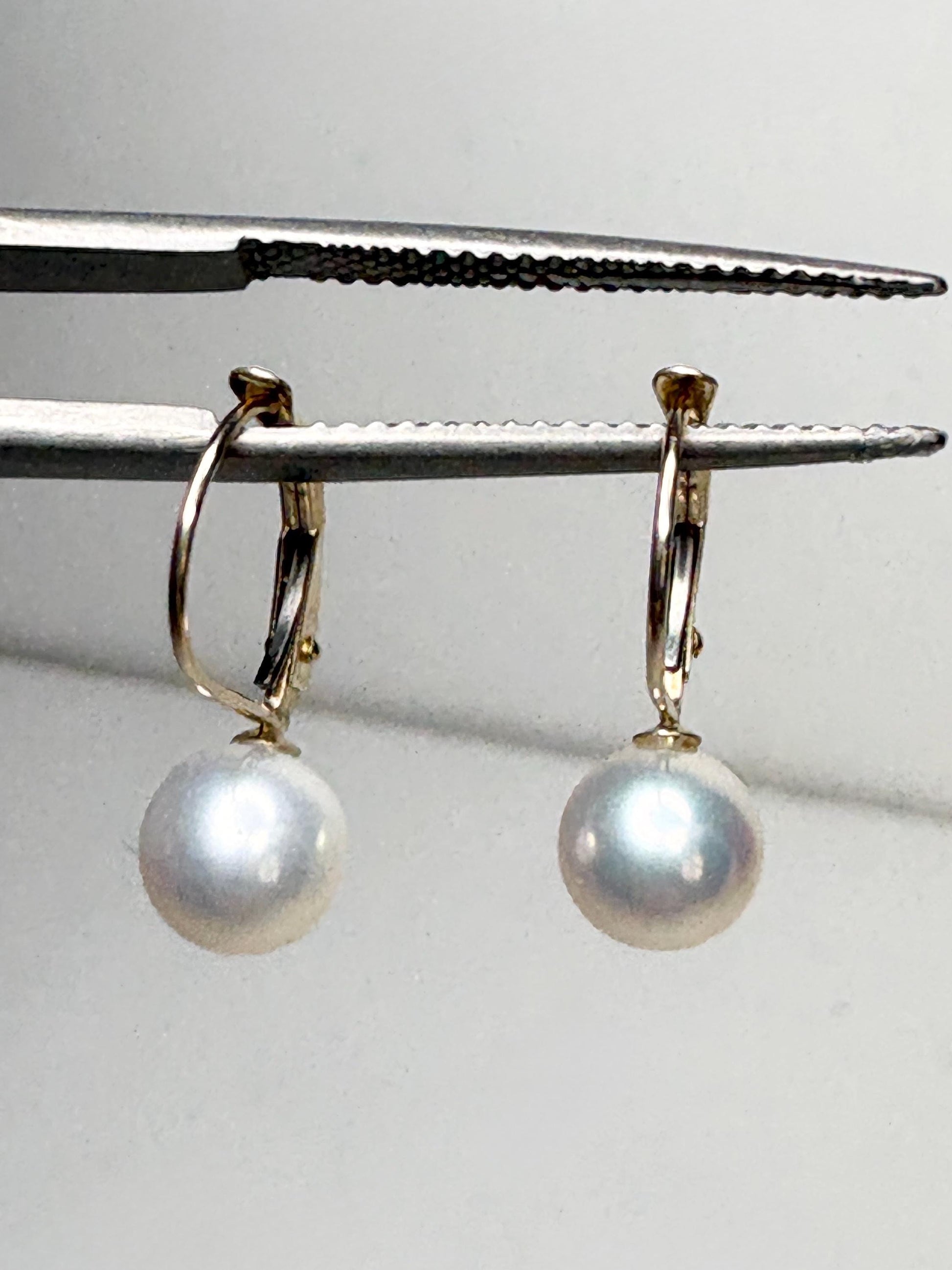 Japanese Akoya Cultured Pearl Lever back Dangle Drop Earrings in Solid 14k Gold 6.65mm - NewLifeJewelryVault