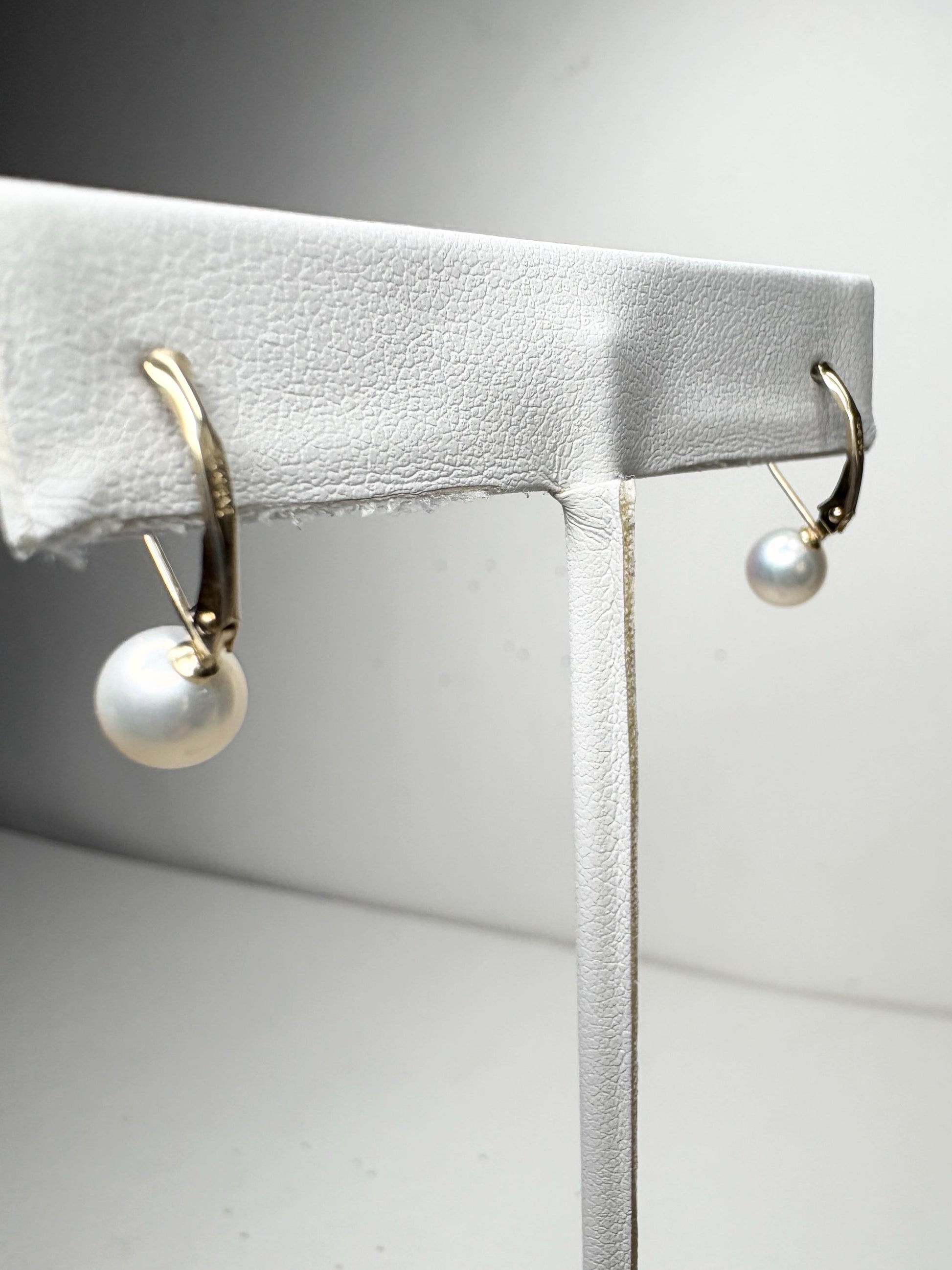 Japanese Akoya Cultured Pearl Lever back Dangle Drop Earrings in Solid 14k Gold 6.65mm - NewLifeJewelryVault