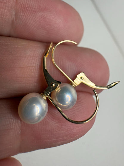 Japanese Akoya Cultured Pearl Lever back Dangle Drop Earrings in Solid 14k Gold 6.65mm - NewLifeJewelryVault