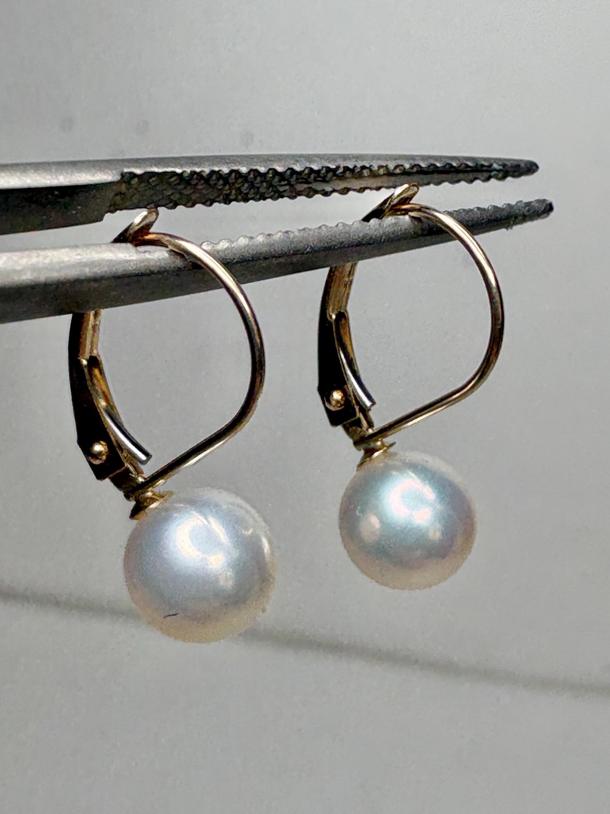 Japanese Akoya Cultured Pearl Lever back Dangle Drop Earrings in Solid 14k Gold 6.65mm - NewLifeJewelryVault