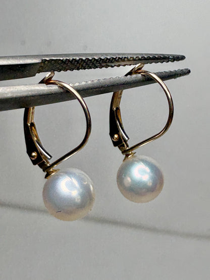 Japanese Akoya Cultured Pearl Lever back Dangle Drop Earrings in Solid 14k Gold 6.65mm - NewLifeJewelryVault