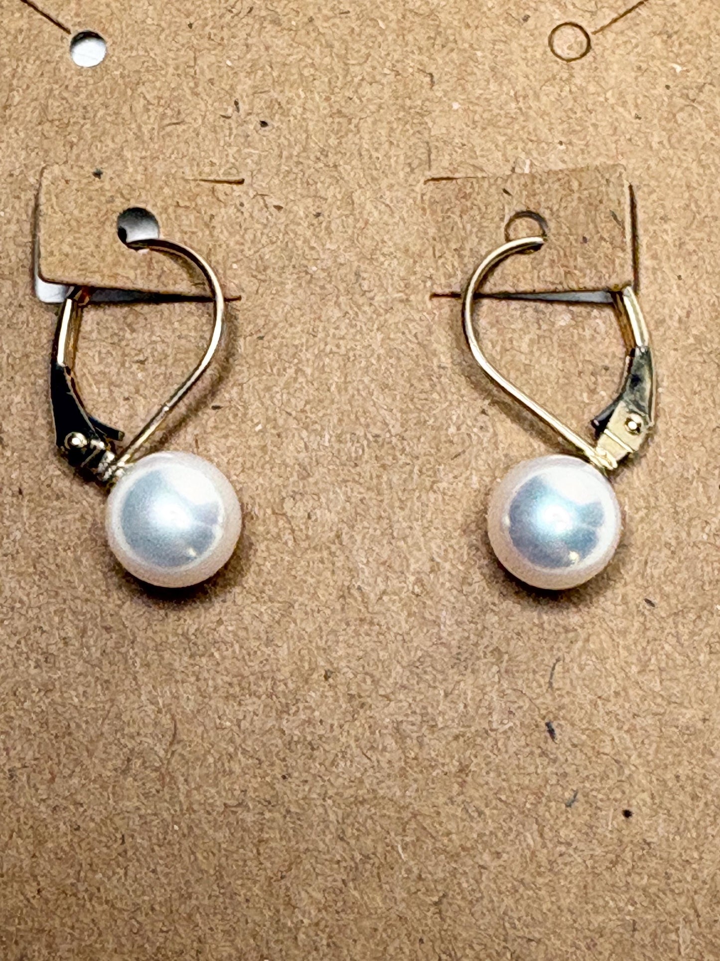 Japanese Akoya Cultured Pearl Lever back Dangle Drop Earrings in Solid 14k Gold 6.65mm - NewLifeJewelryVault