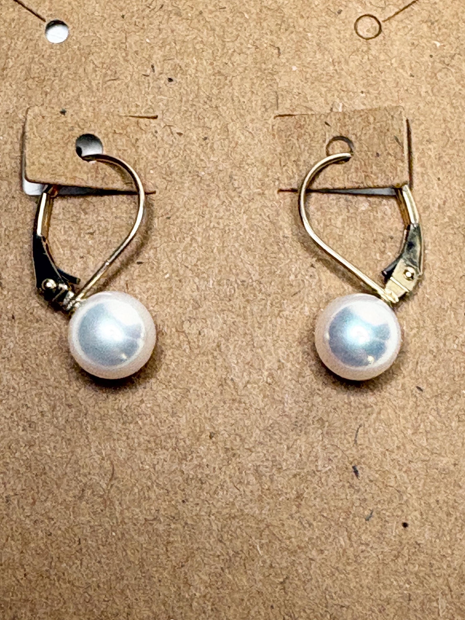 Japanese Akoya Cultured Pearl Lever back Dangle Drop Earrings in Solid 14k Gold 6.65mm - NewLifeJewelryVault