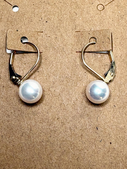 Japanese Akoya Cultured Pearl Lever back Dangle Drop Earrings in Solid 14k Gold 6.65mm - NewLifeJewelryVault