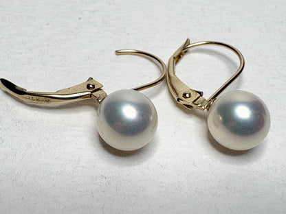 Japanese Akoya Cultured Pearl Lever back Dangle Drop Earrings in Solid 14k Gold 6.65mm - NewLifeJewelryVault