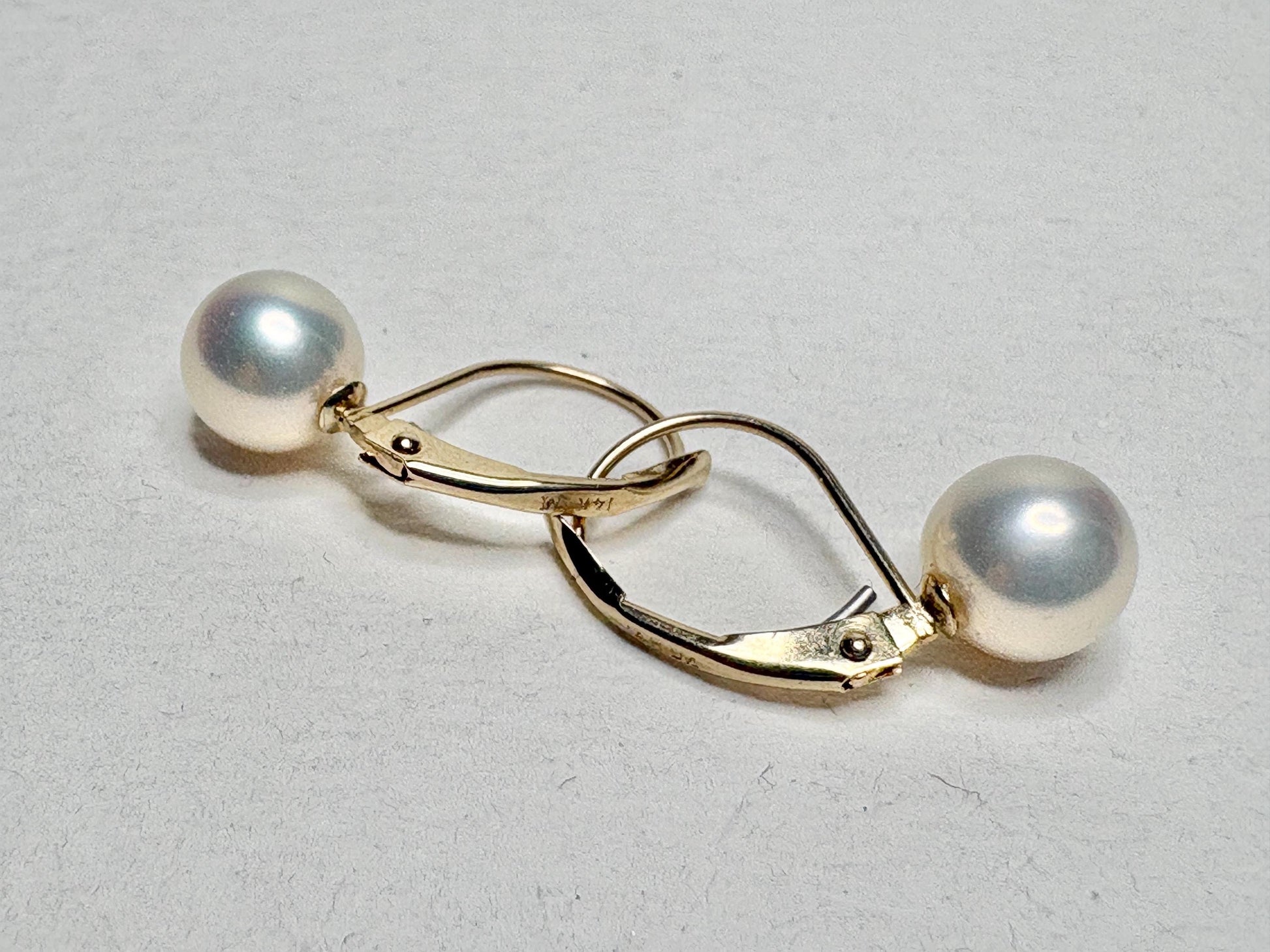 Japanese Akoya Cultured Pearl Lever back Dangle Drop Earrings in Solid 14k Gold 6.65mm - NewLifeJewelryVault
