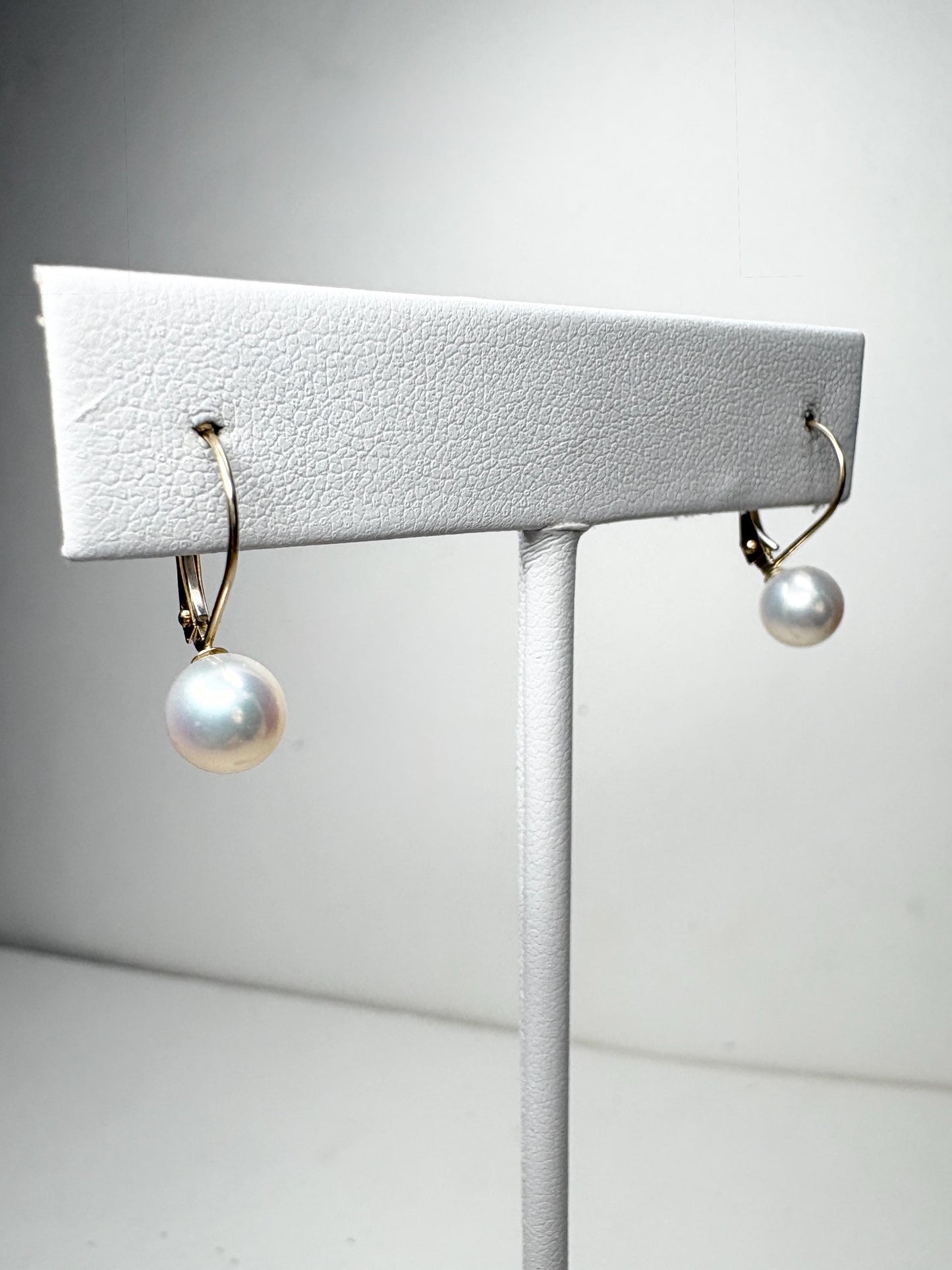 Japanese Akoya Cultured Pearl Lever back Dangle Drop Earrings in Solid 14k Gold 6.65mm - NewLifeJewelryVault