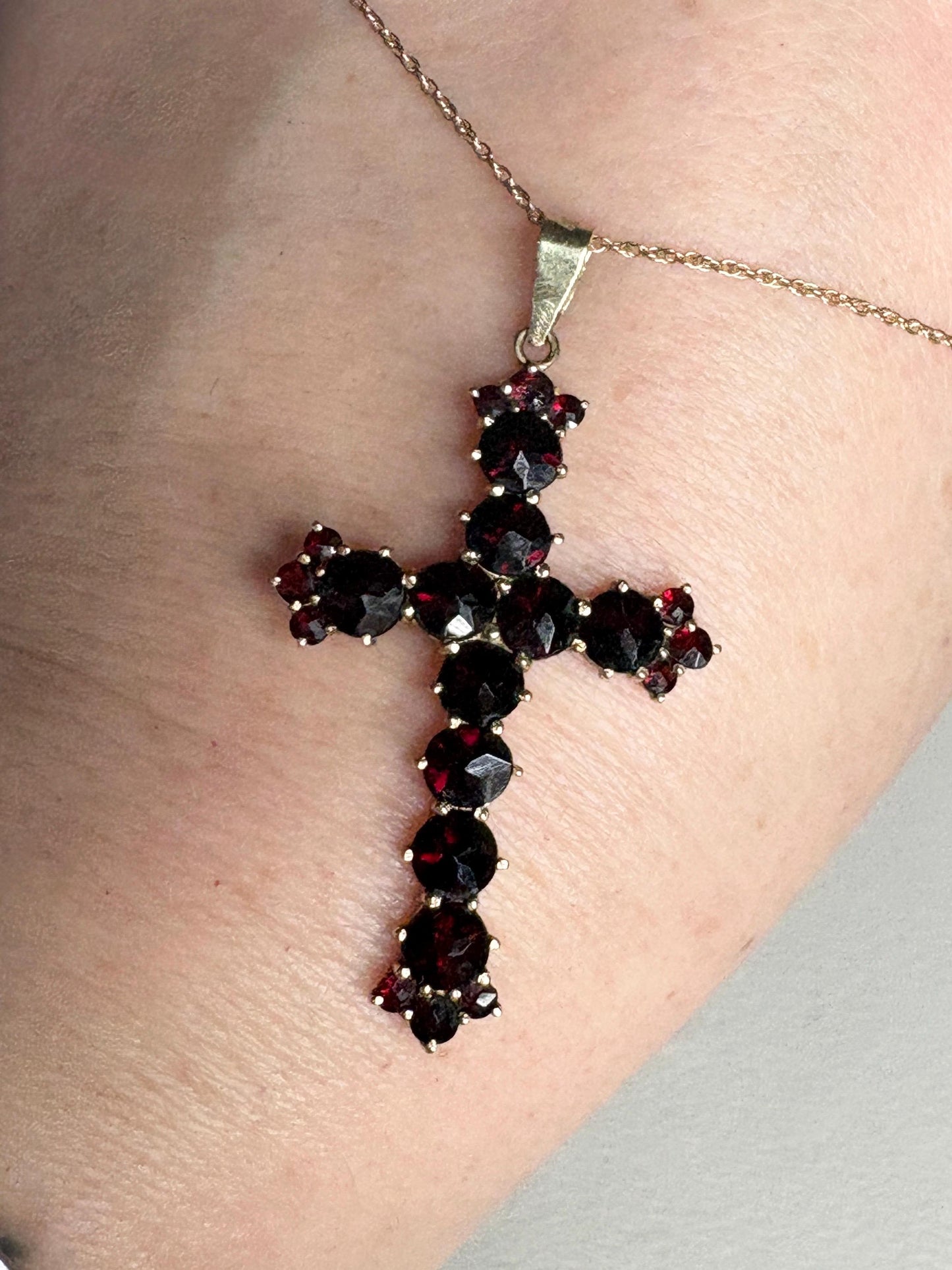 Bohemian Rose Cut Garnet Cross Pendant Necklace 10k with 14k Chain 18" - NewLifeJewelryVault