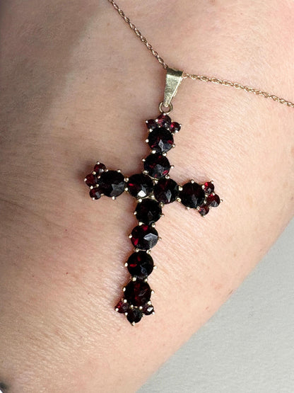 Bohemian Rose Cut Garnet Cross Pendant Necklace 10k with 14k Chain 18" - NewLifeJewelryVault
