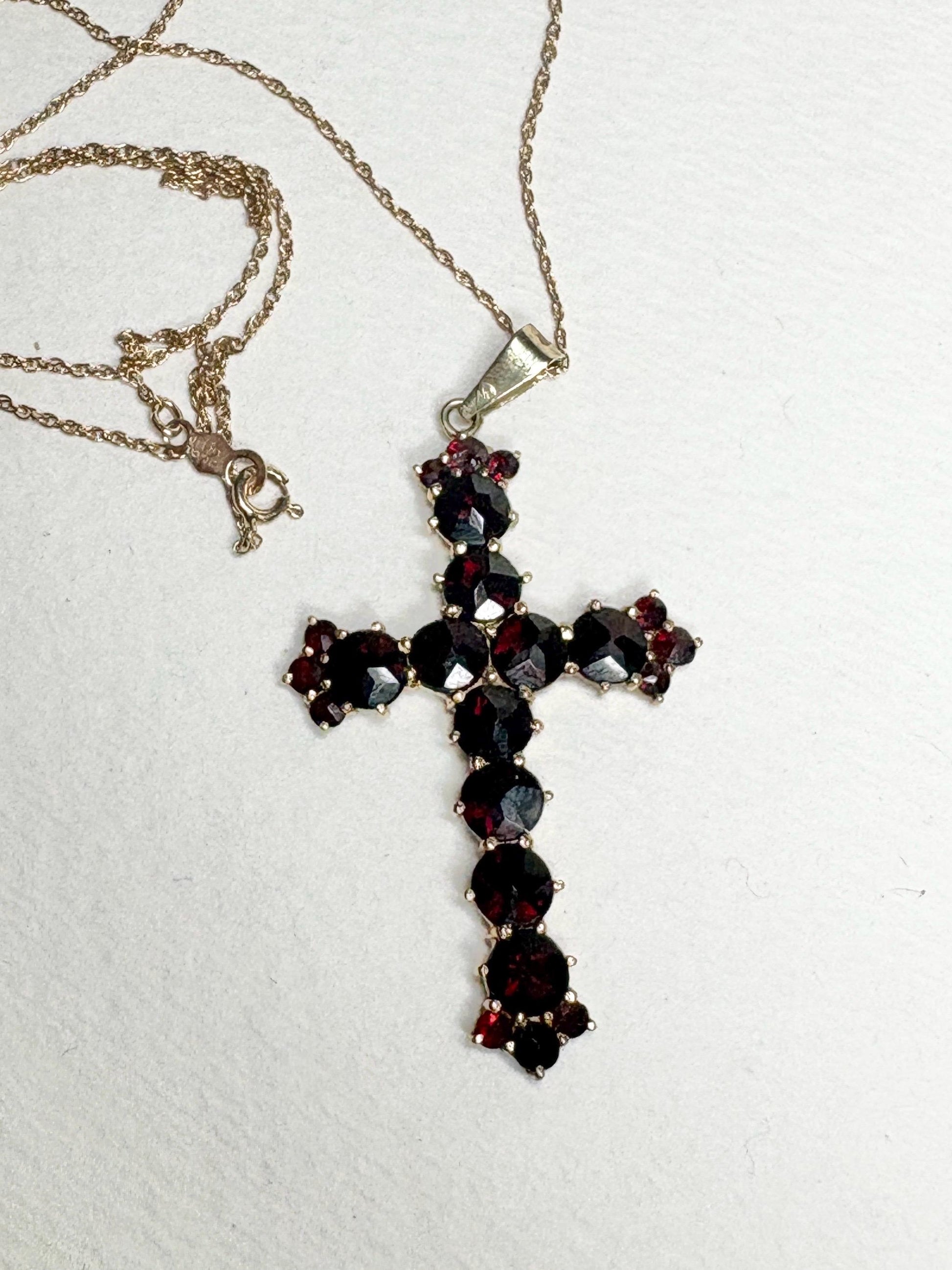 Bohemian Rose Cut Garnet Cross Pendant Necklace 10k with 14k Chain 18" - NewLifeJewelryVault