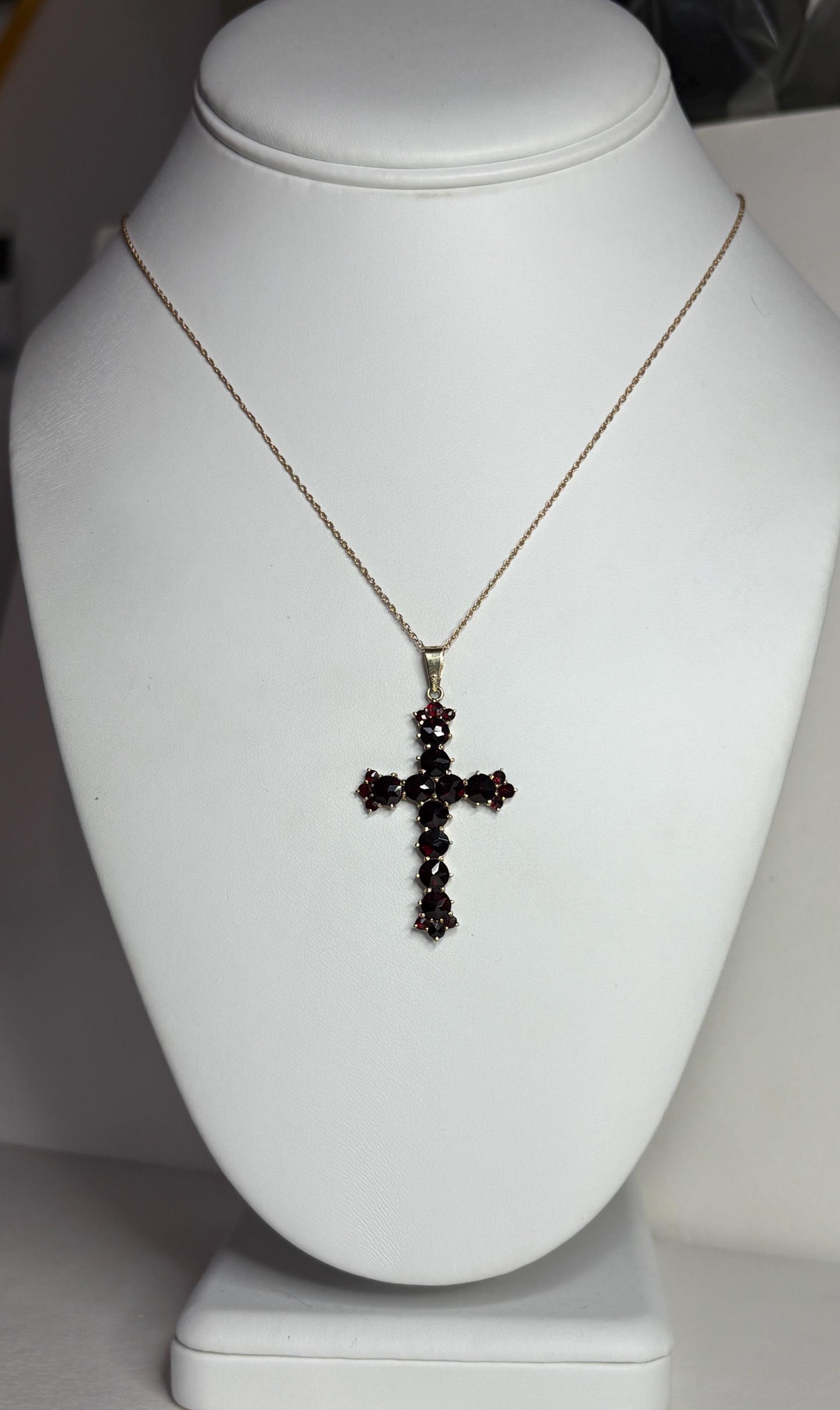 Bohemian Rose Cut Garnet Cross Pendant Necklace 10k with 14k Chain 18" - NewLifeJewelryVault