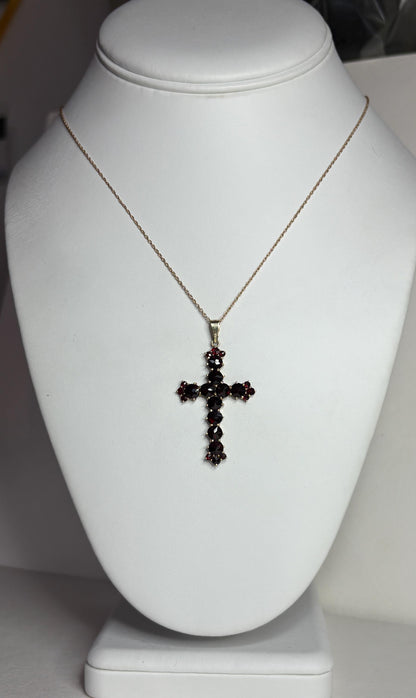 Bohemian Rose Cut Garnet Cross Pendant Necklace 10k with 14k Chain 18" - NewLifeJewelryVault