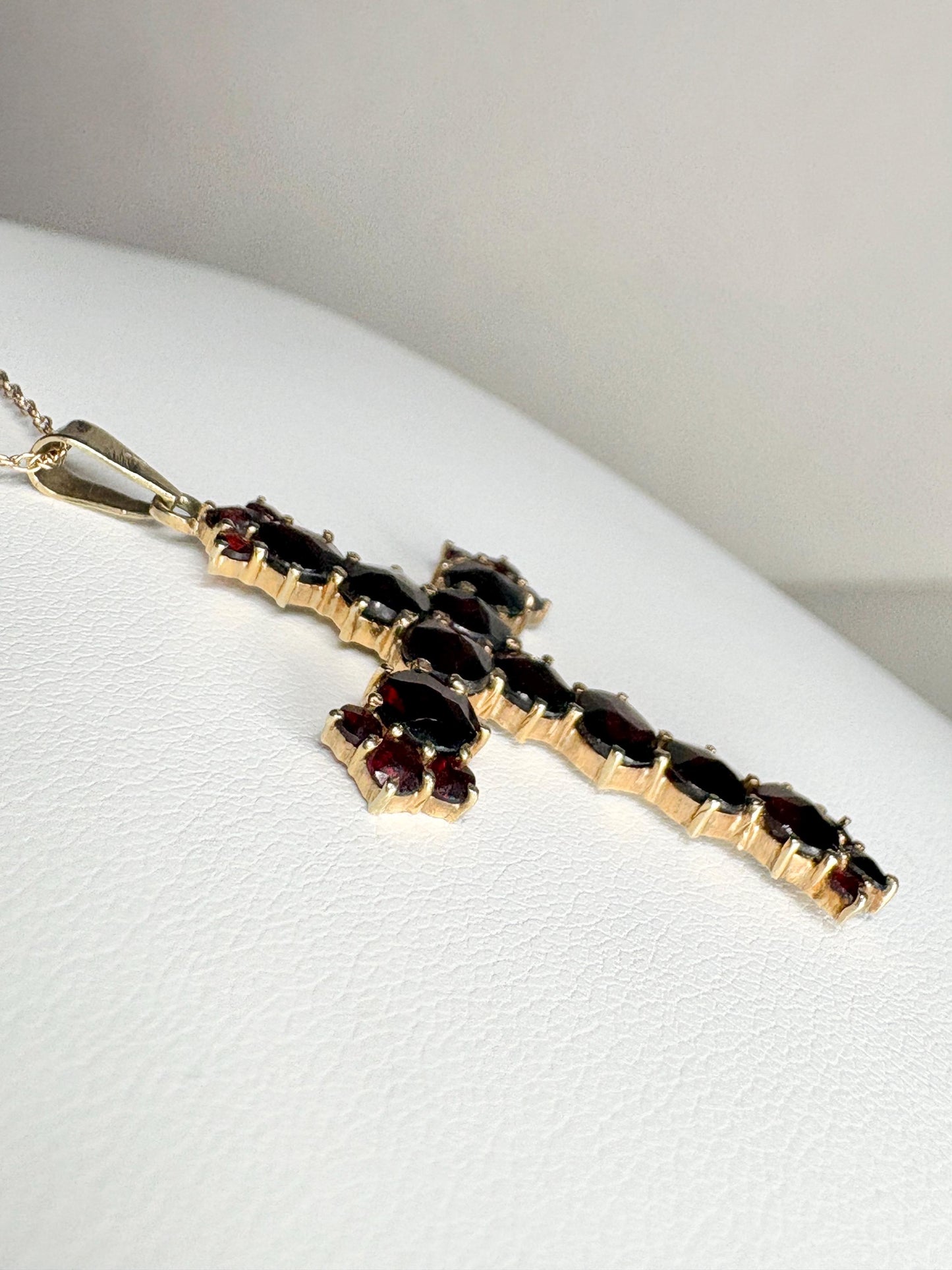 Bohemian Rose Cut Garnet Cross Pendant Necklace 10k with 14k Chain 18" - NewLifeJewelryVault