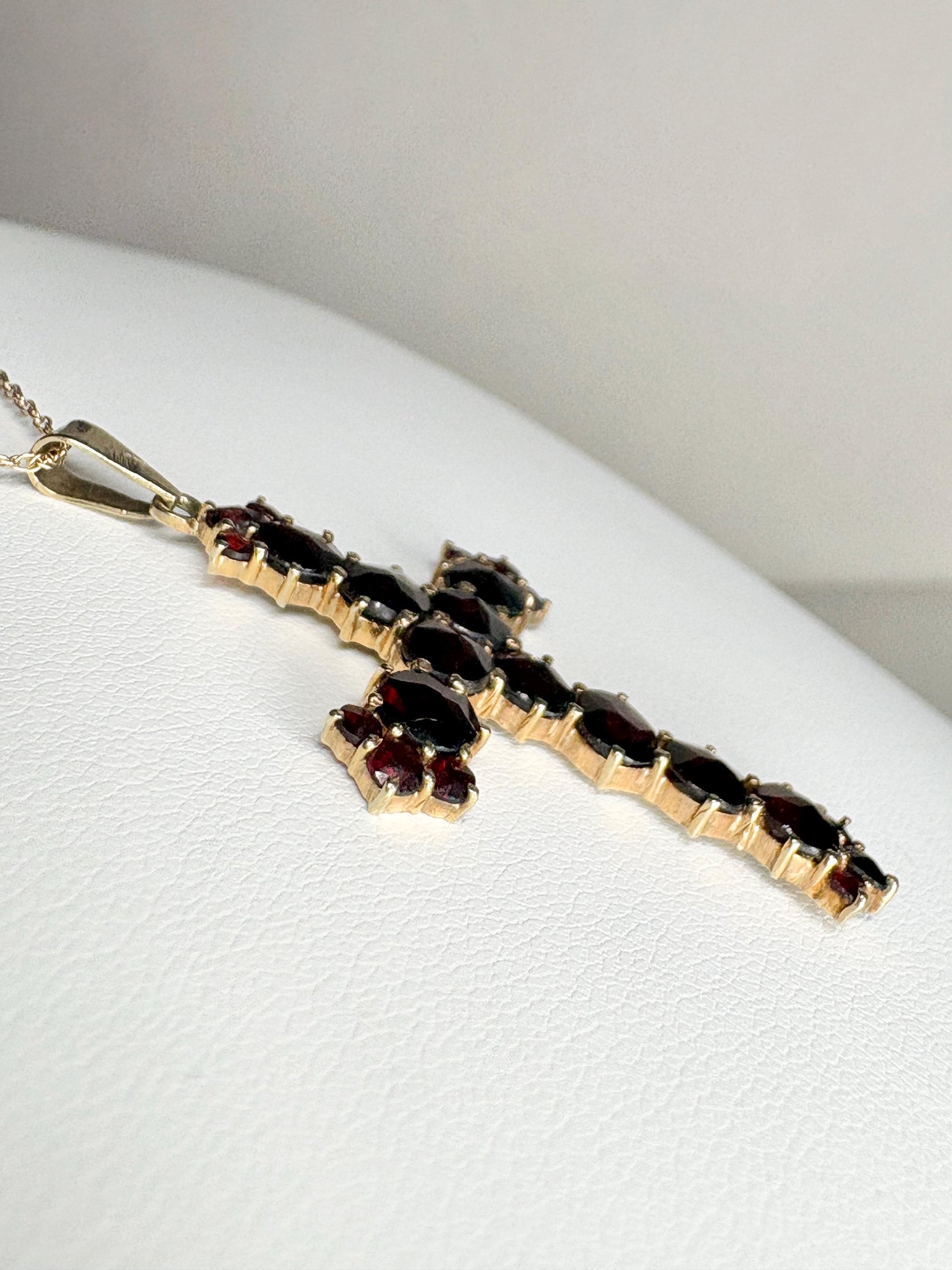 Bohemian Rose Cut Garnet Cross Pendant Necklace 10k with 14k Chain 18" - NewLifeJewelryVault
