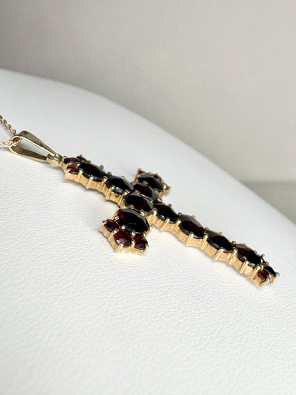 Bohemian Rose Cut Garnet Cross Pendant Necklace 10k with 14k Chain 18" - NewLifeJewelryVault