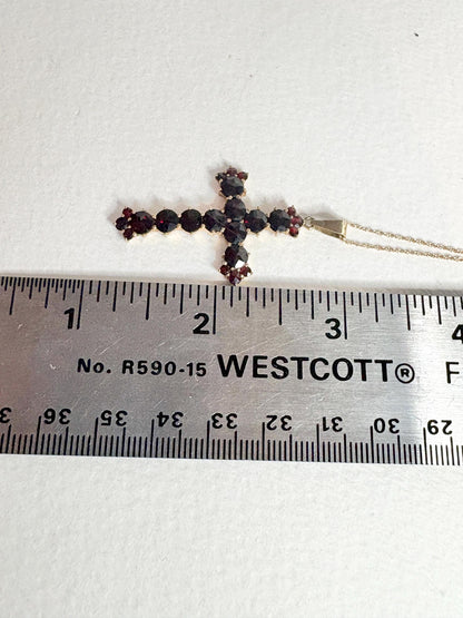 Bohemian Rose Cut Garnet Cross Pendant Necklace 10k with 14k Chain 18" - NewLifeJewelryVault
