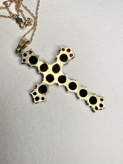 Bohemian Rose Cut Garnet Cross Pendant Necklace 10k with 14k Chain 18" - NewLifeJewelryVault